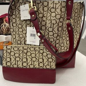 Calvin Klein Signature Tote and Pouch Set in Red and Tan